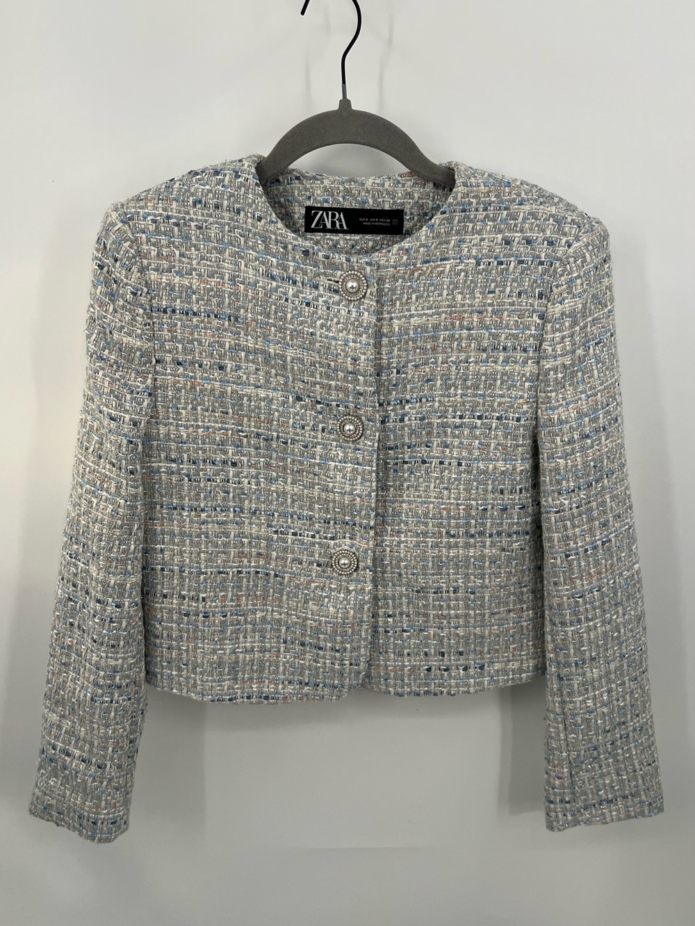 Zara Light Blue Bouclé Cropped Jacket